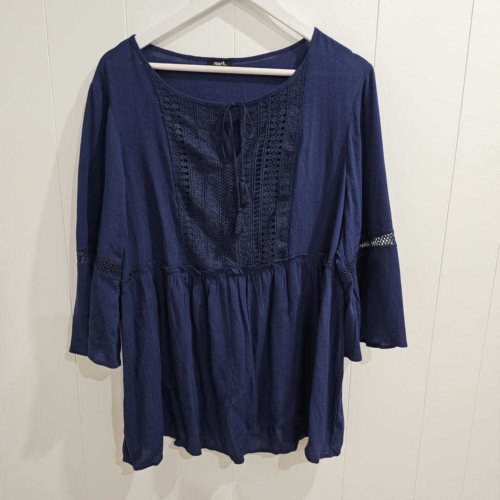 Mark 1X 18W 20W Navy Blue Boho Peasant Blouse Lace Trim Tassel Tie Flare Sleeve